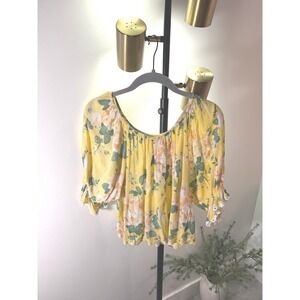 Laura Ashley Yellow Floral Puff Sleeve Lace Trim Peasant Blouse Small RN88820